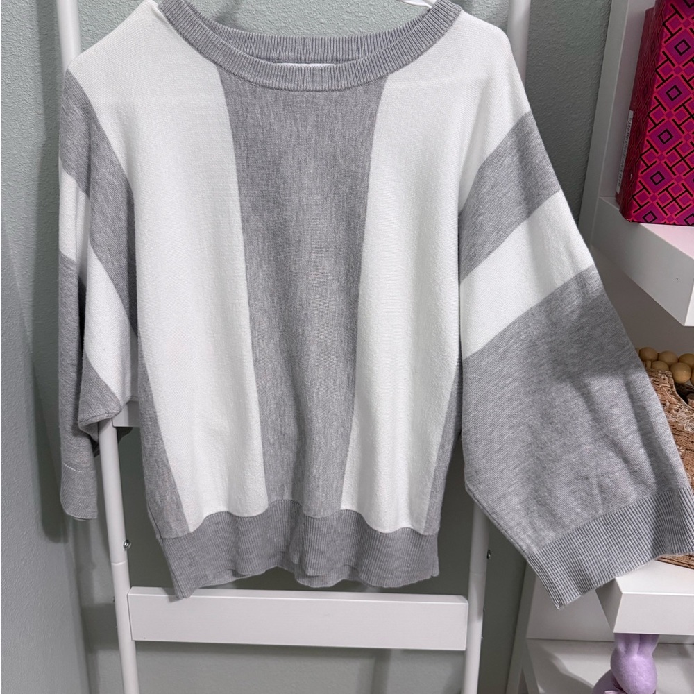 Magaschoni Gray and White Wide-Stripe Crewneck Sweater